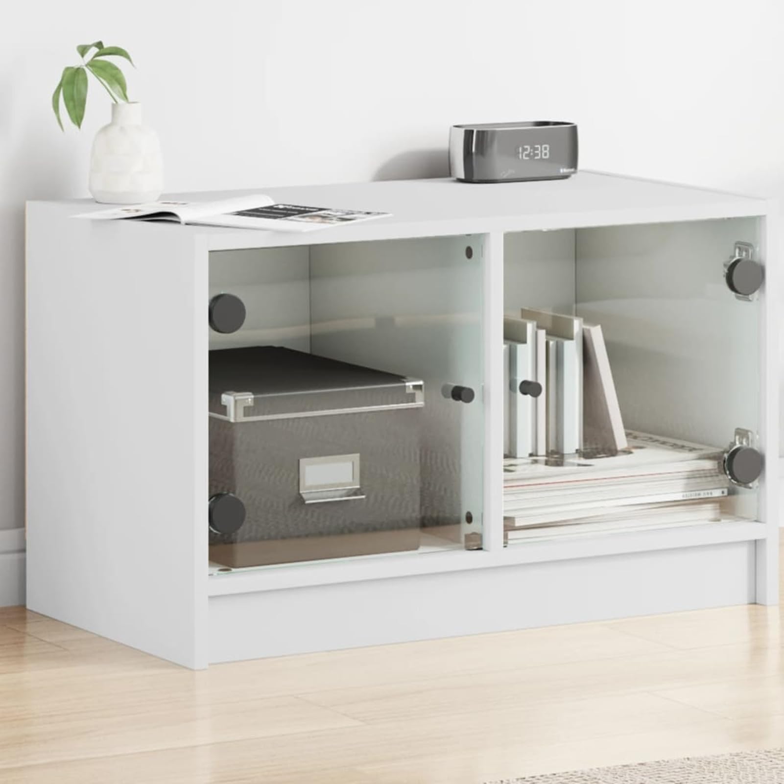 Szafka pod telewizor z białymi szklanymi drzwiami 68x37x42 cm, szafka pod telewizor, stolik kawowy do salonu szafka pod telewizor, stolik kawowy LED kolory