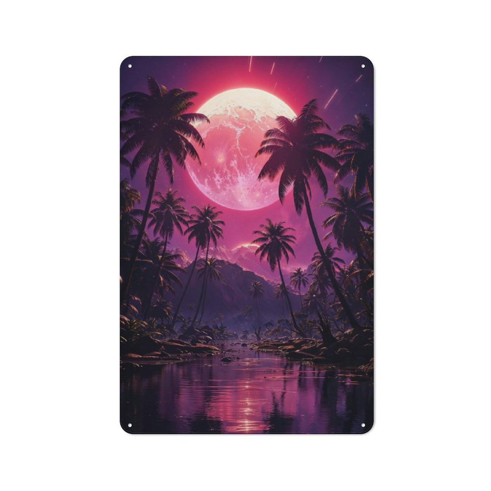 Junmoney Tropical Moonrise Palms Rustic Tin Sign 30X20cm For Living Room Or Hallway, A Metal Wall Feature For Living Rooms And Hallways