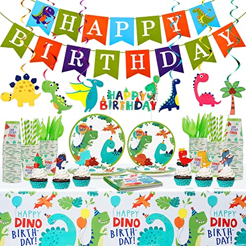193 Pcs Dinosaur Birthday Party Supplies Dinosaur Party Decorations Include Dino Paper Plates Cups Napkins Banner Straws Cutlery Tablecloth Cake Cupcake Toppers Hanging Swirls For Kids Boys Girls #TOP28