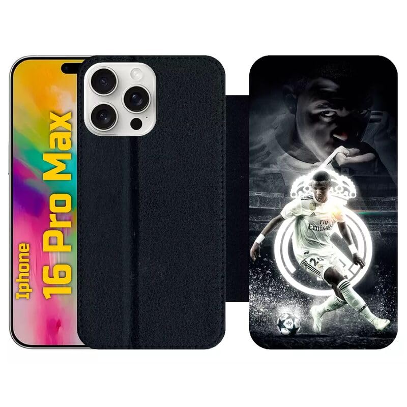 Étui à rabat pour iPhone 16 Pro Max Vinicius Jr Madrid foot simili-cuir noir antichoc