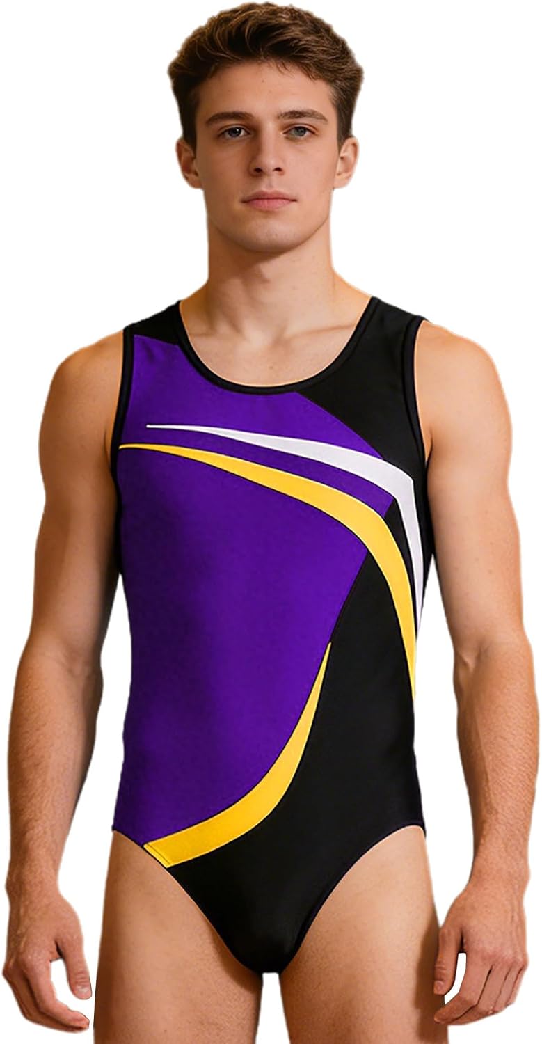 Sports Jumpsuit for Mens Color Block U Neck Sleeveless Gymnastics Leotard Press Buttons Crotch Bodysuit for Practice