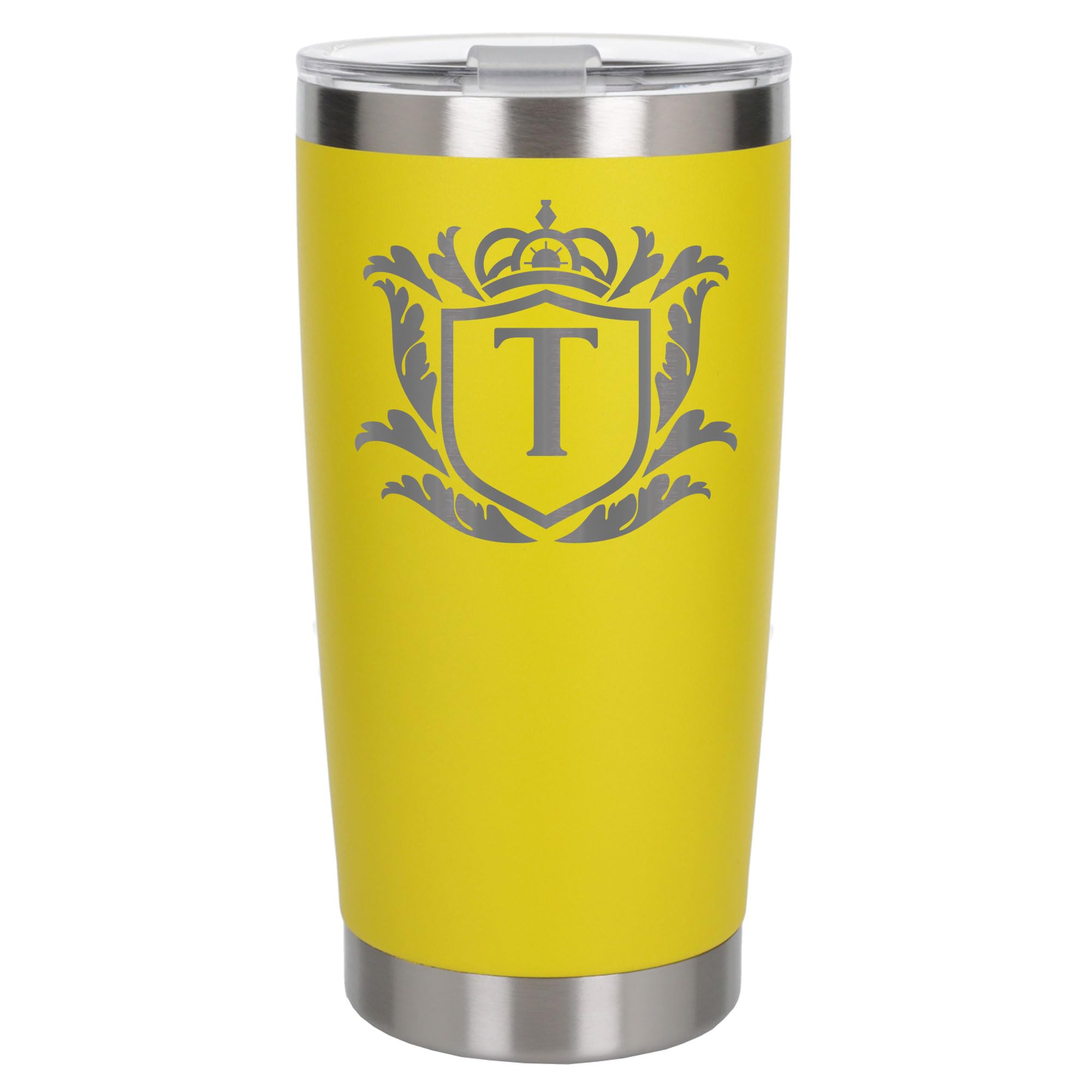 Customised Gifts 500ml Engraved Shield Initial Monogram Insulated Personalised Yellow Travel Mug for Men and Women - Personalised Initial Coffee Travel Mug for Hot and Cold Beverages, Letter T