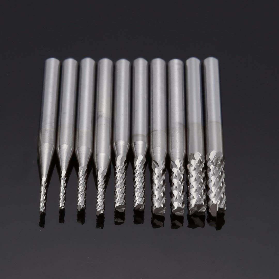 Brocas de corte de fresa de extremo, broca de grabado, 10 piezas Juego de fresas de extremo de carburo cementado de 1/8" Brocas CNC rotativas de cortador de grabado de PCB de 0,8-3,175 mm