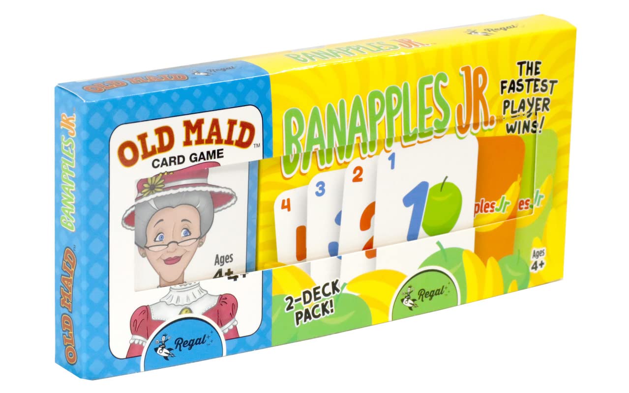 Regal Games - Old Maid & Banapples Jr. Card Games Set - Fun, Family-Friendly Card Games - Matching & Sorting - Ideal for 2-4 Players Ages 4+ - Includes 80 Game Cards, Instructions - 2 Pack
