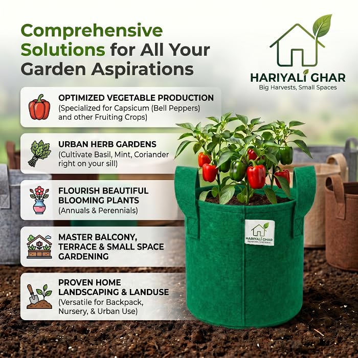 Image of 400 GSM Geo Fabric Round Grow Bags 15x15 Inch with Handle, Green Planting Bags for Terrace and Kitchen Gardening Pack of 10