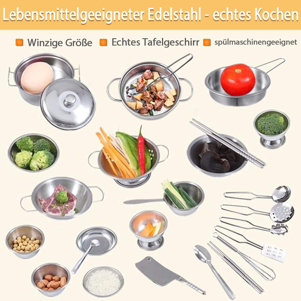 Lot de 25 ustensiles de cuisine en acier inoxydable pour enfants - Casseroles de jeu de rôle - Jouets éducatifs pour tout-petits - Petite taille