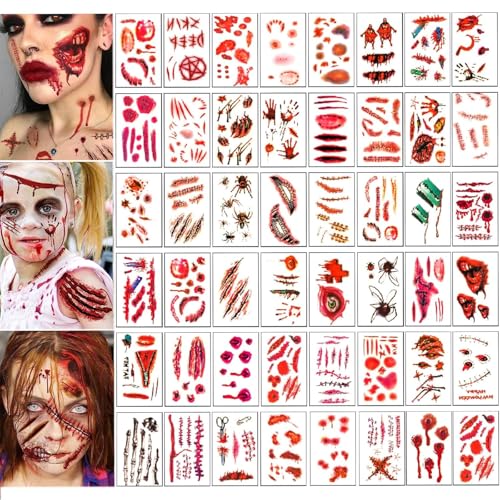 Cicatrices Tatuajes Temporales Pegatinas, 50 Piezas Tatuajes Temporales de Halloween, Cicatrices Pegatinas, Pegatinas Heridas Realista, Temporary Tattoo para Fiesta de Halloween Zombie Cicatrices