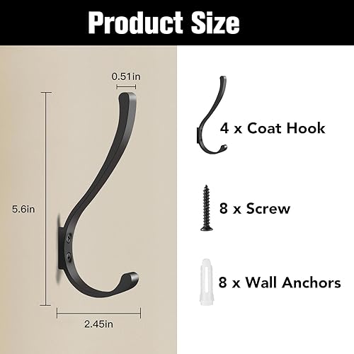 Miniatura 2 de Paquete de 4 ganchos de pared, ganchos negros grandes de 5.6 pulgadas, ganchos negros de montaje en pared, ganchos de metal para toallas, ganchos