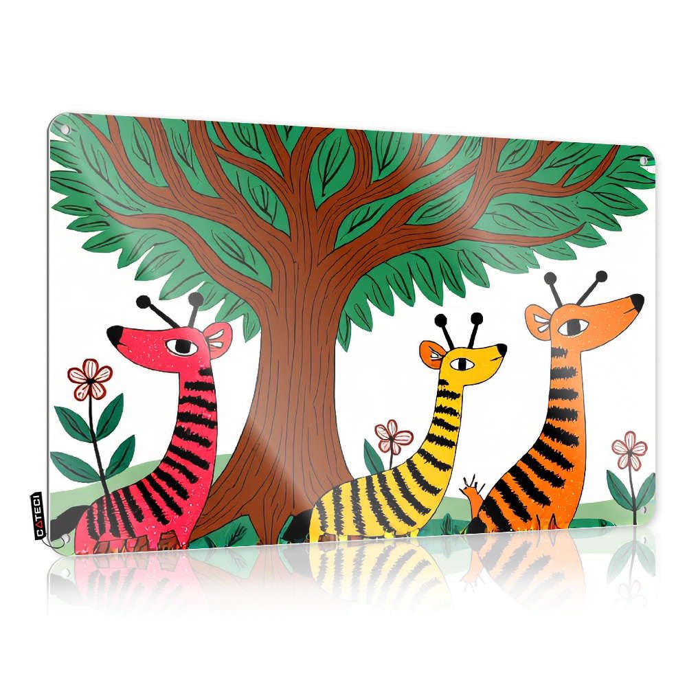 Tin Metal Sign Shabby Chic Country Stuff Home Decor - Three Colorful Giraffes Under A Tree. Soft Area Rustic Style Artwork For Basement Bar(20X30CM)