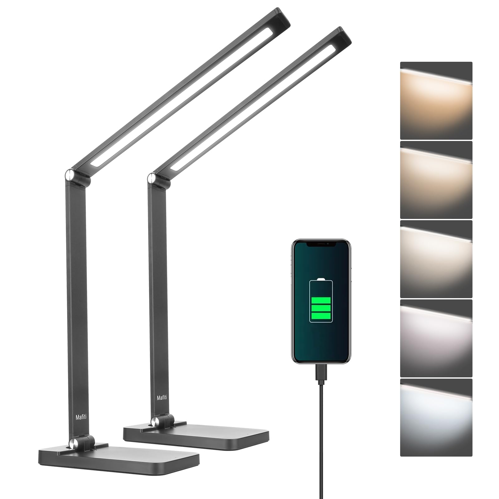 [2-Pack]mafiti Schreibtischlampe LED Dimmbar Tischlampe 5 Farb und 3 Helligkeitsstufen, Augenfreundliche Nachttischlampe, USB-Anschluss für Leser, Kinder, Büro-Schwarz