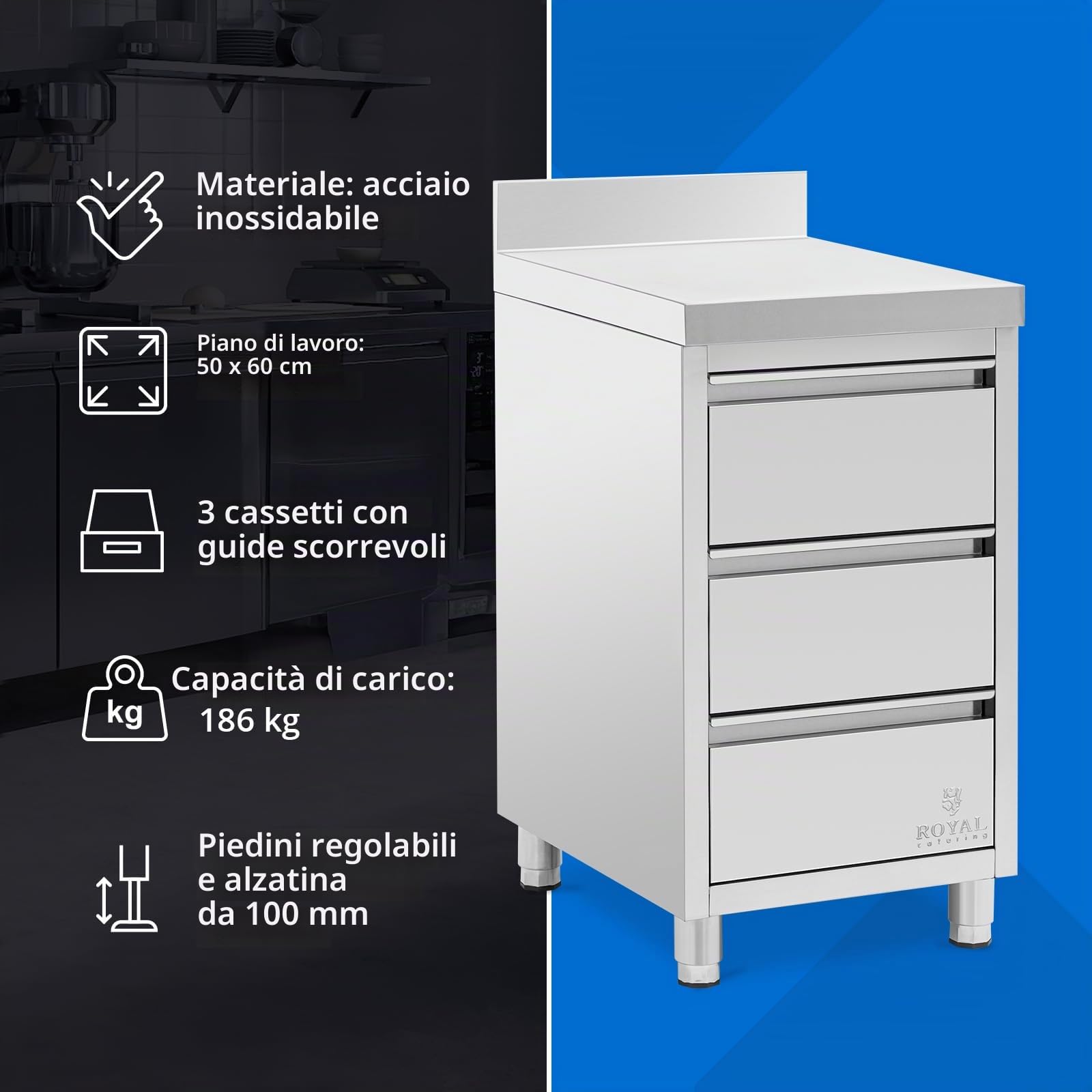 Armadio inox 50x60 cm con 3 cassetti per GN fino 150 mm alzatina piedini 150 mm Cassettiera da cucina professionale per gastronomia e ristorazione