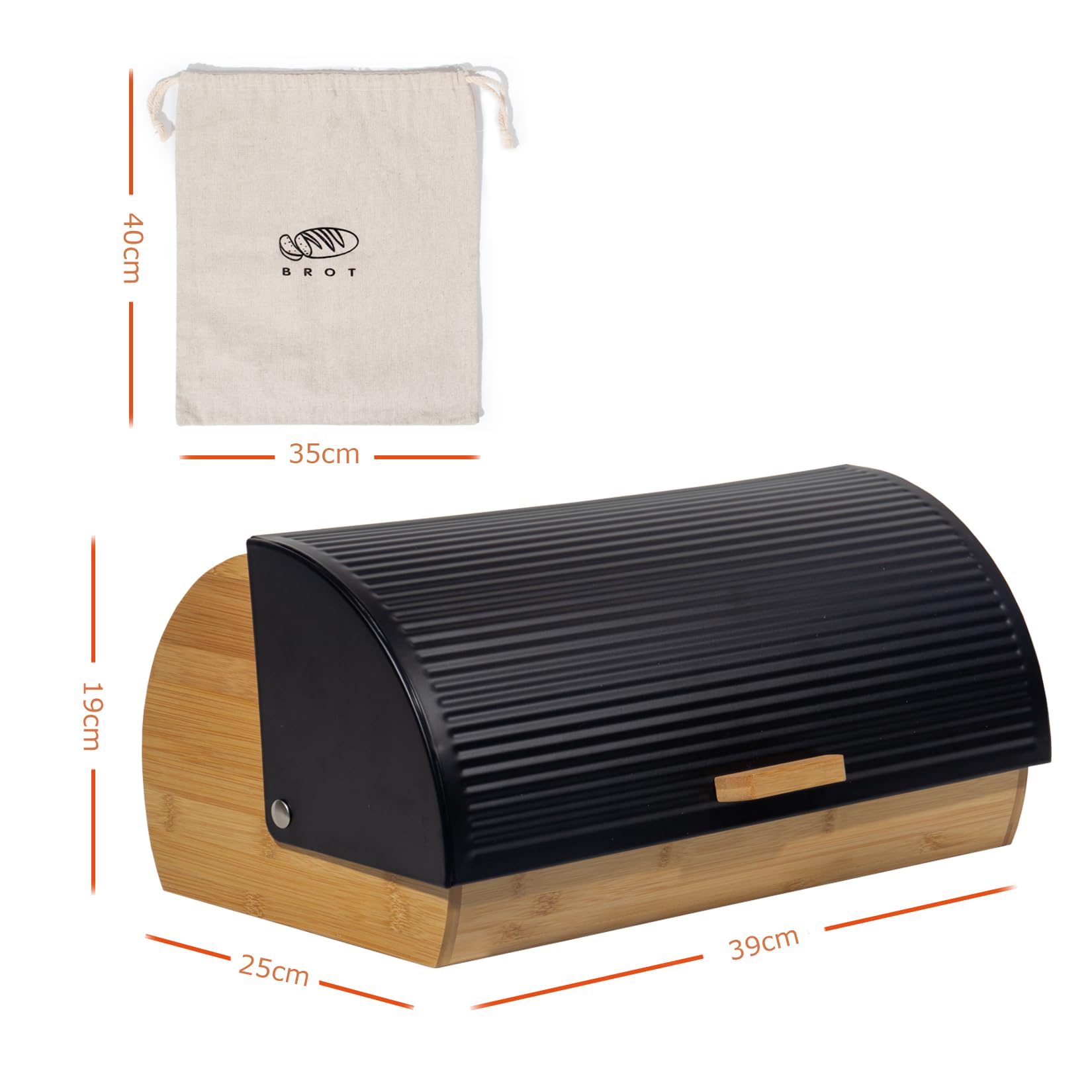 GREELUE Brotkasten Metall Holz, Brotbox Schwarz, Brot Aufbewahrungsbox groß, Brotkorb mit Deckel, Bread Box Küche, Brotbeutel (Schwarz-39cm)