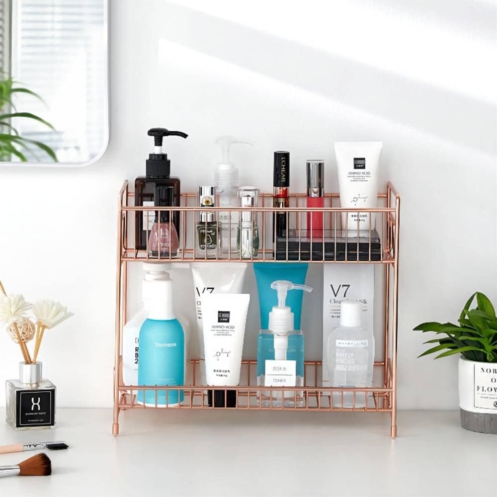 2 Tier Gold Cosmetic Organizer Shelf with Make up Brush Holder Countertop Storage Organizer Standing Rack for Basin, Dressing Table, Living Room, Bedroom