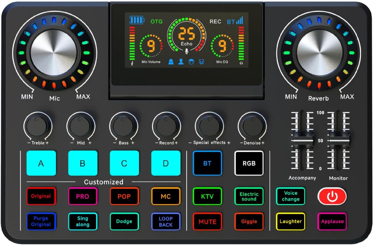 Live Sound Card Mixer, OTG Lossless Transmission Accompaniment Adjustable Stereo Display with Independent Mic EQ Regulation, for Mobile Karaoke Live Streaming Podcasting (black)