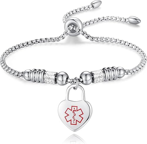 LinnaLove Pulseras de alerta médica para mujeres Brazalete de identificación médica ajustable de acero inoxidable con dije de corazón grabado