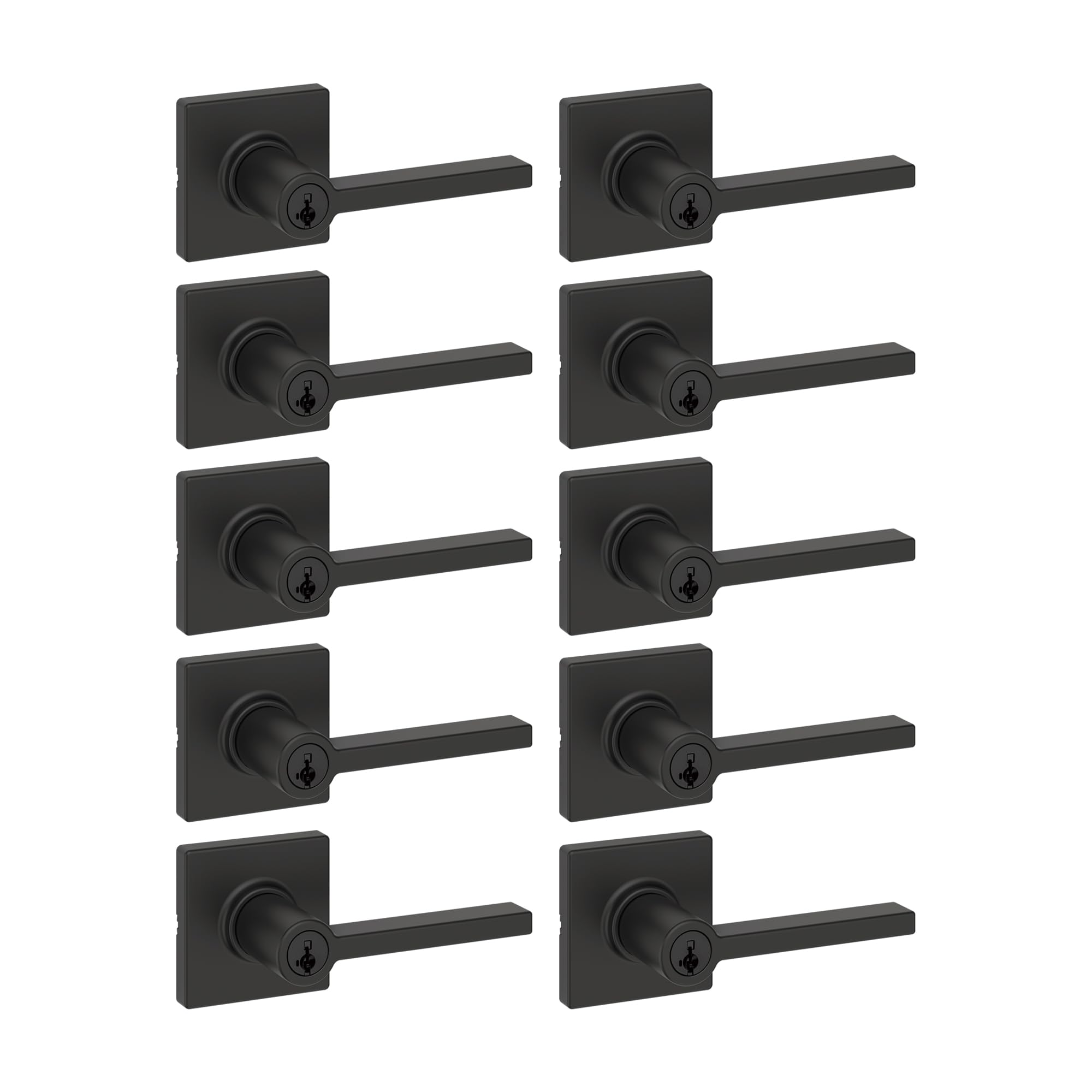 Kwikset Casey Entry Door Handle with Lock and Key, Secure Keyed Reversible Lever Exterior, for Front Entrance and Bedrooms, Matte Black, 10 Pack, Pick Resistant SmartKey Rekey Security and Microban