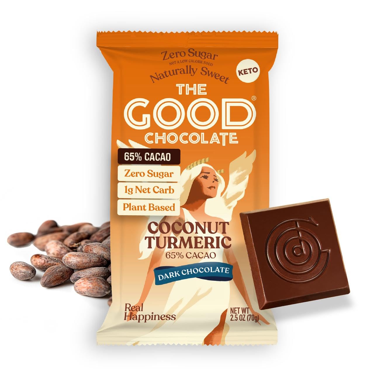 The Good Chocolate - Dark Chocolate with Coconut Turmeric Bar, Zero Sugar, Lower Net Carb Snack, Lower Calorie, Vegan Chocolate Bars, 2 Bar Starter Pack