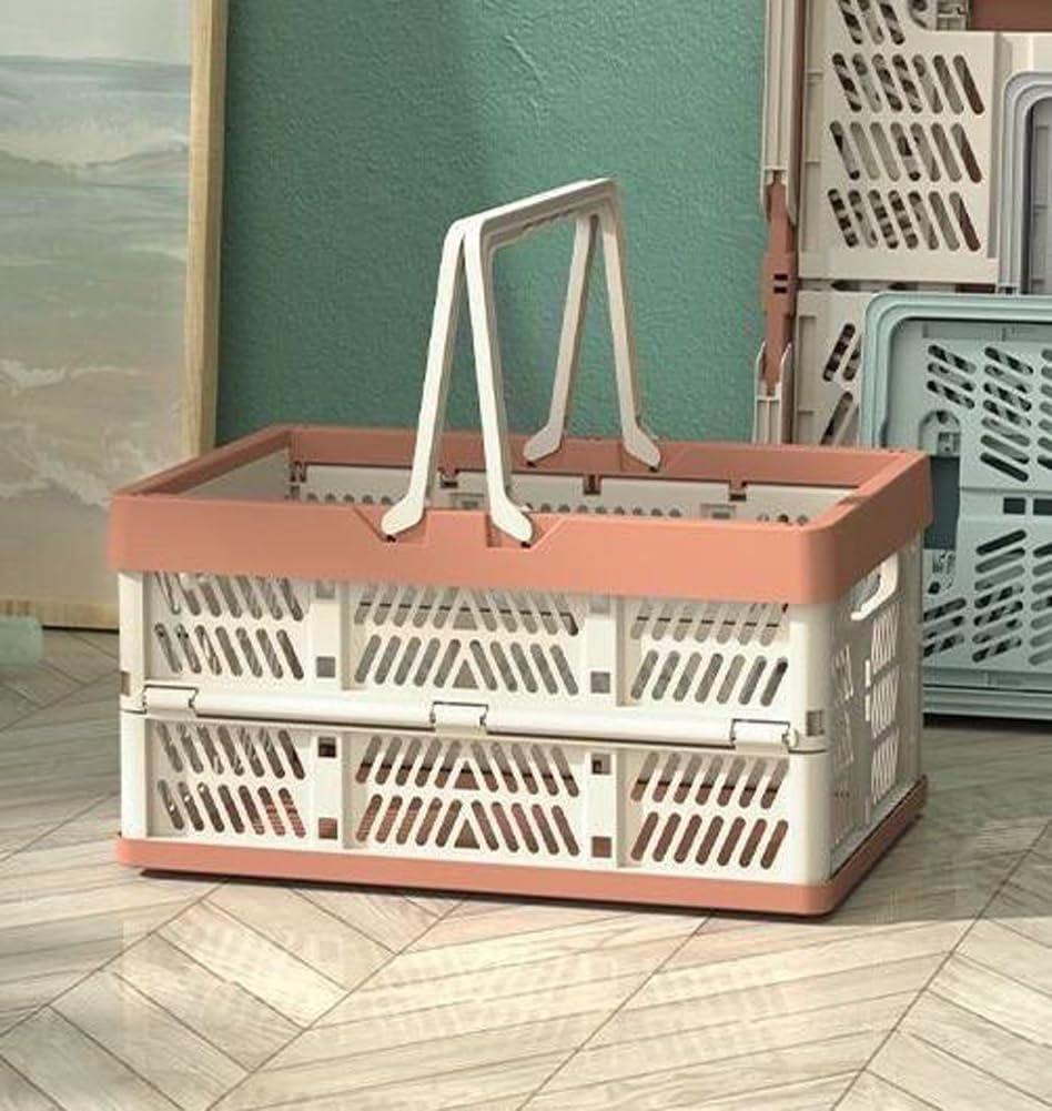Foldable Storage Basket Large Collapsible Plastic Crates with Handle,Space Saving Organizer Stackable Shopping Basket Portable Picnic Baskets for Home Organization(orange)