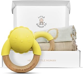 Little Giggles Co.® New Baby Gifts - Little Lion Teething Set, Silicone Baby Rattle & Teething Ring with Large Muslin Cloths, Easy Grip & Safe Teething Toys for Baby, Soothing Cotton Baby Muslins