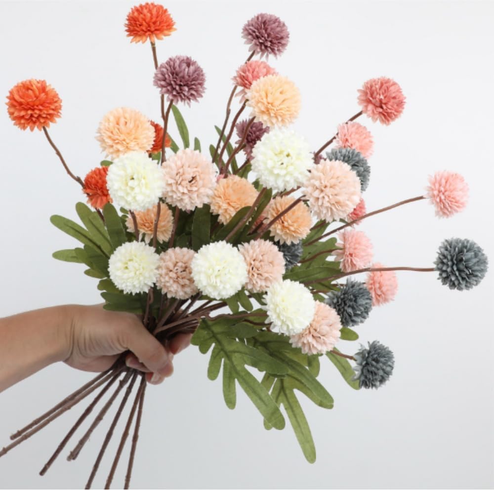 Pompon Mum Artificial Flower, 5pcs Faux Silk Mini Chrysanth with Stems, BSimulation of 5 Autumn Ball Chrysanthemum Dandelion Fake Flowers Wedding Home DIY Decoration (White) - Image 5