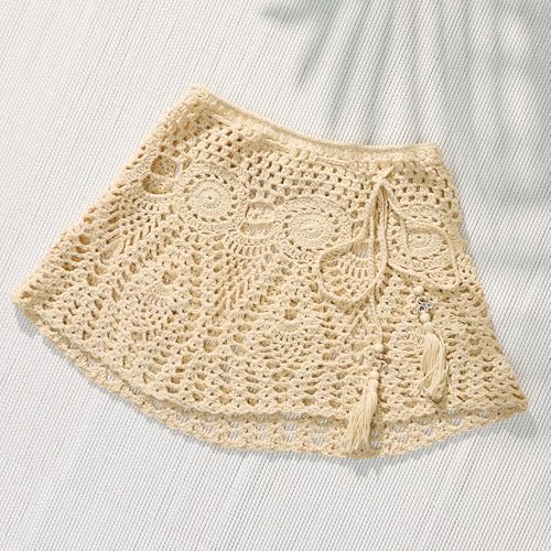 SBOVIA Wild Knit Crochet Beach Cover Up, Boho Knit Swimwear Skirt with Tassels, Beige2