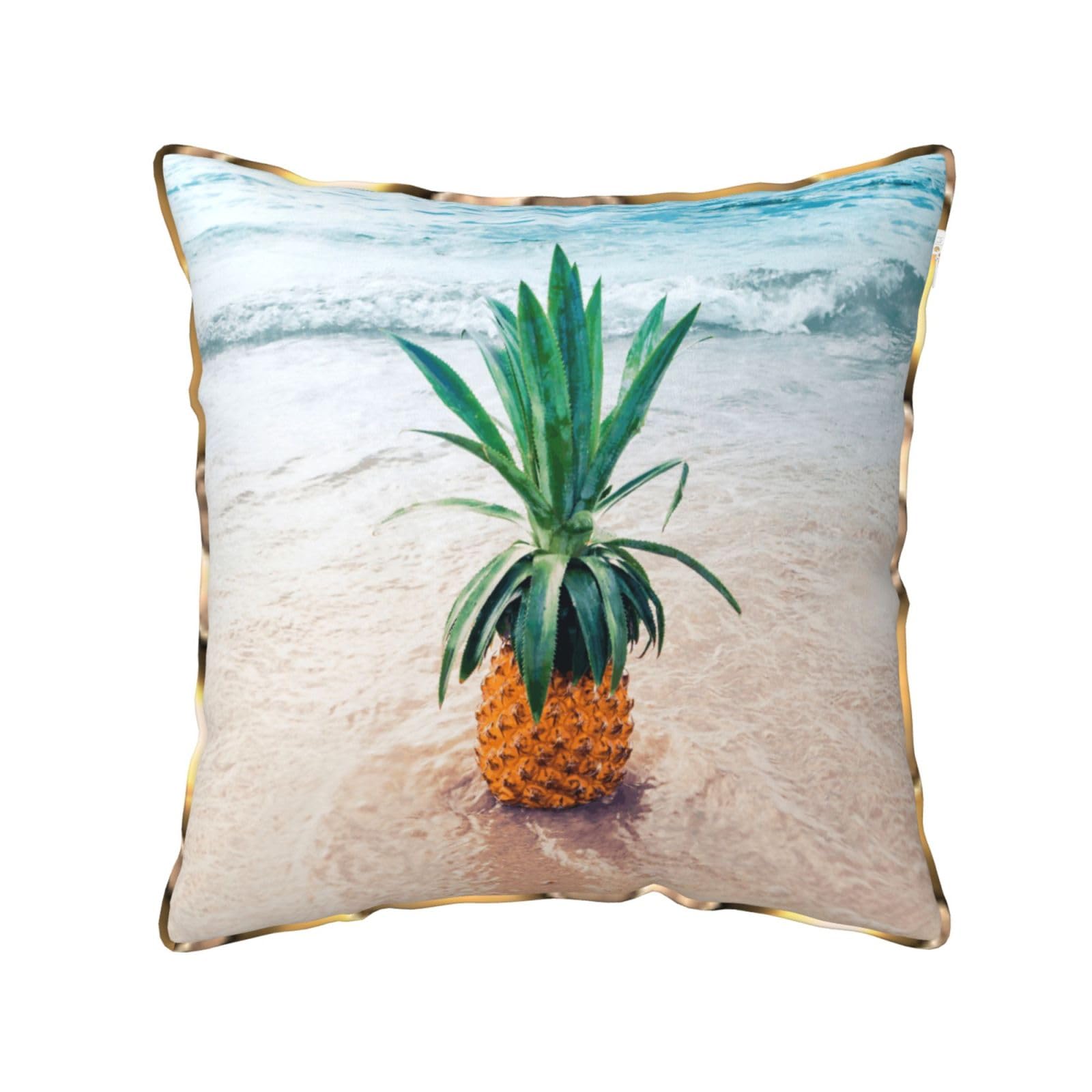 AUBKFELD Pineapple by The Sea Printed Velvet Cushion Cover 50x50 CM with Gold Edging Strip, Square Pillowcase Soft Throw Pillow Covers Case Decorative for Living Room Sofa Couch Bed Bench