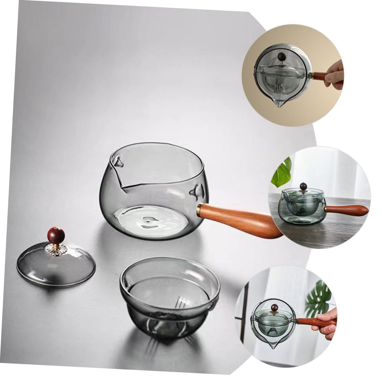 Teekanne mit Langem Griff und Drehbarem Sieb, Glas, Holz