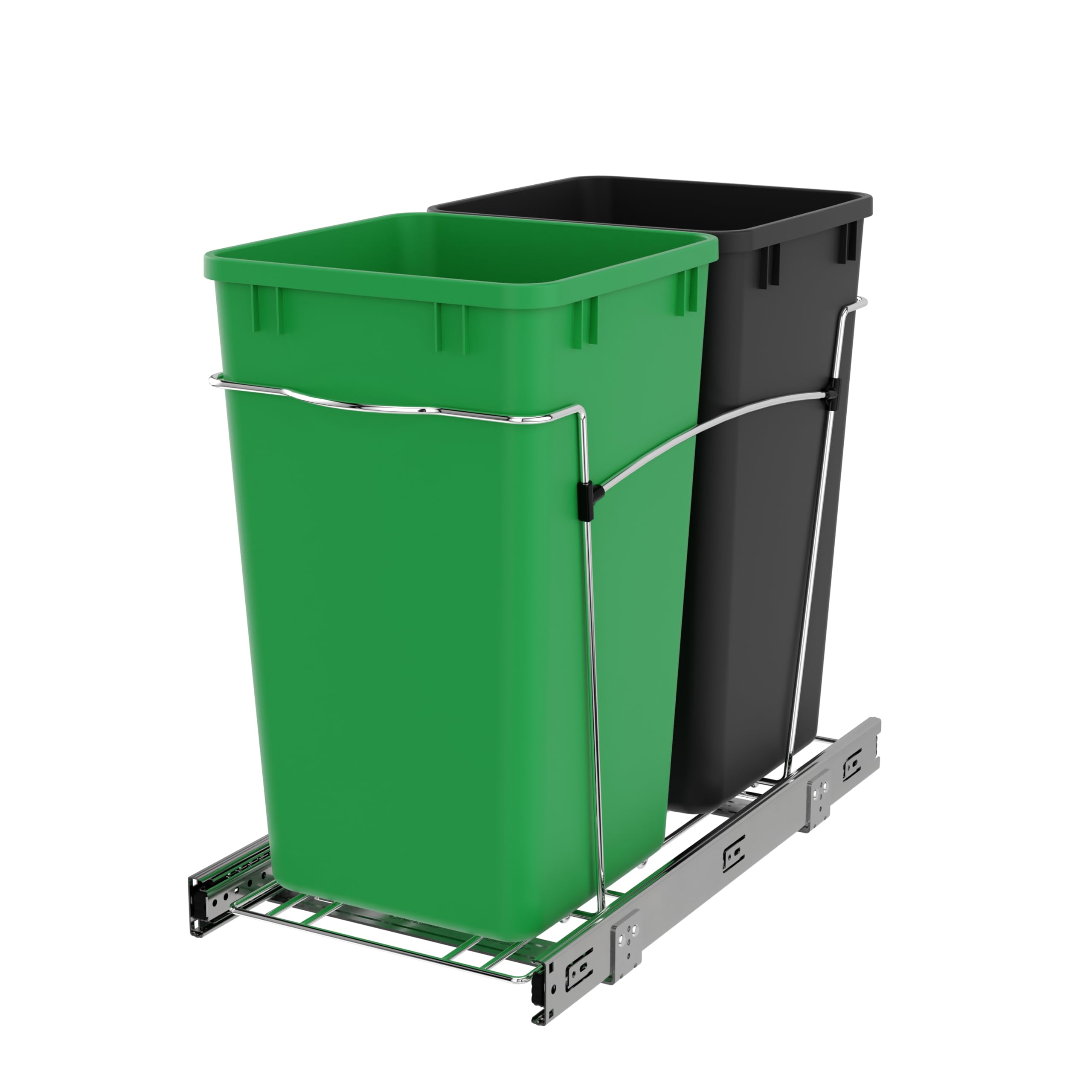 Rev-A-Shelf Pullout Trash Can for Kitchen Cabinets 27 Qt Garbage Recycling Bin with Full Extension Slide, Green/Black, RV-15KD-1918C-S