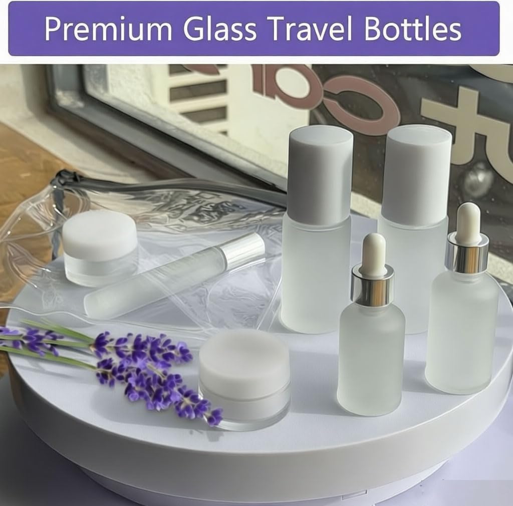 18-Pack Glass Travel Bottles Set, 1.35/0.7/1 oz TSA Approved Containers with Pump Spray, White Small Bottles for Toiletries, Makeup, Skincare