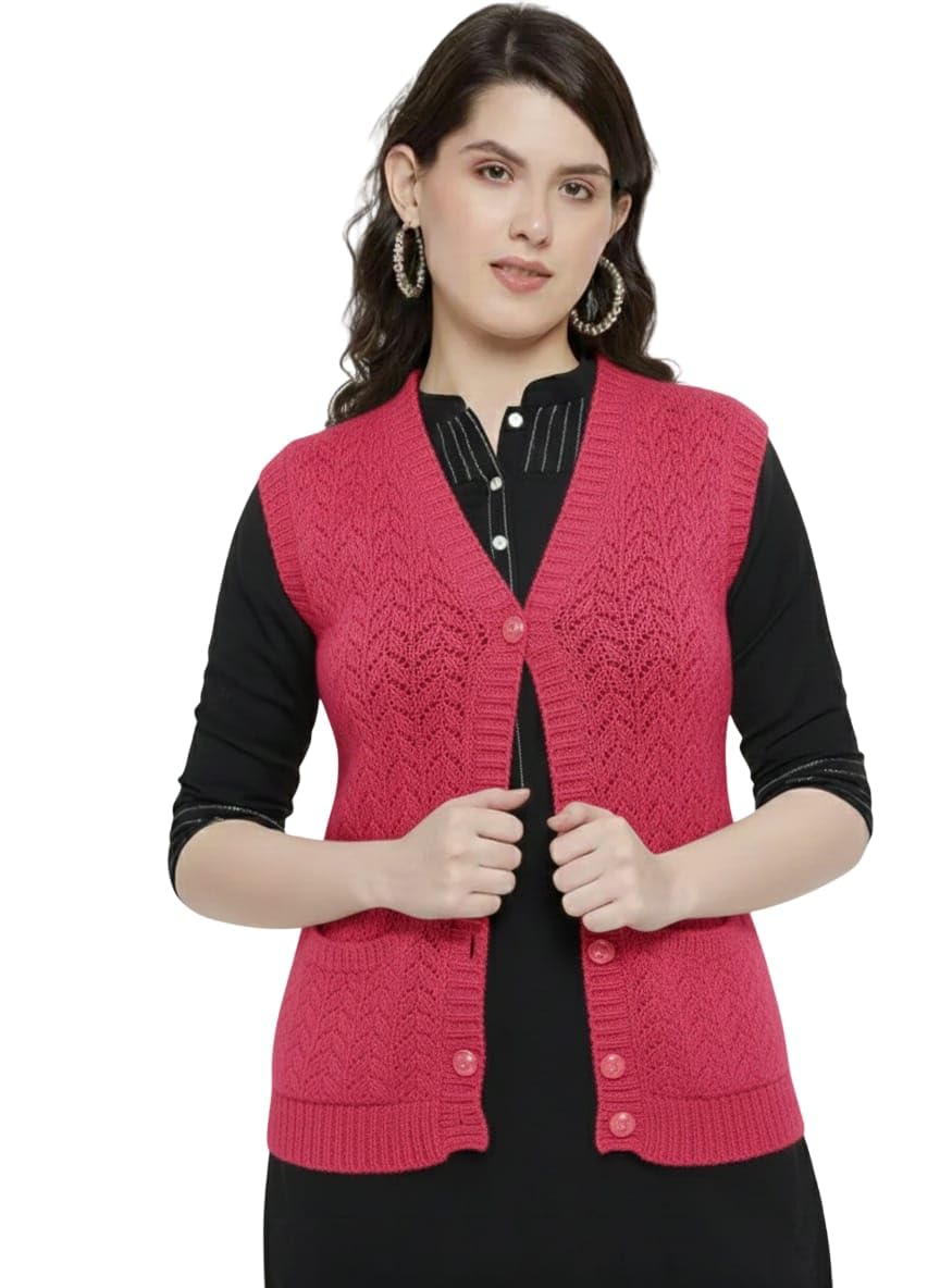Women's Sleeveless Cardigan, Pink, V-Neck Button-Down, Hand-Knitted, Soft Warm Yarn, Winter Layering-image-4