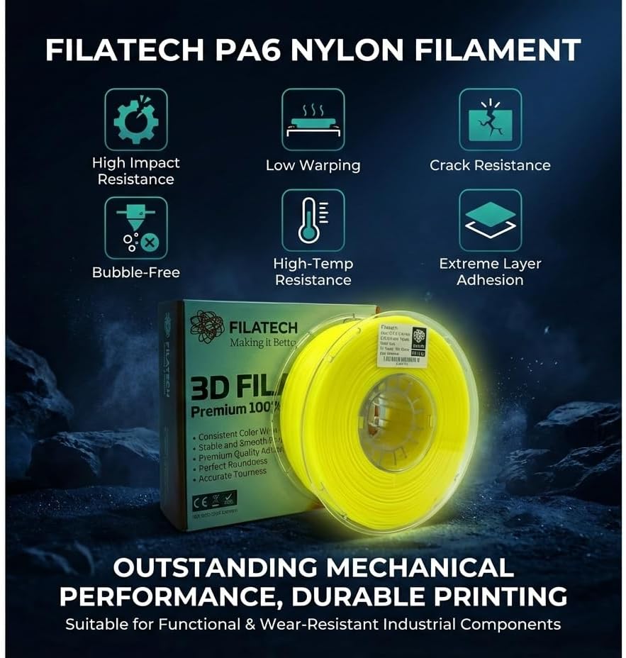 Filatech PA6 Nylon 3D Printer Filament 1.75mm ±0.03mm, 1kg Spool (2.2lbs), High-Temperature Nylon, Superior Toughness & Dimentional Stability Filament, Made in UAE- (Luminous Yellow)