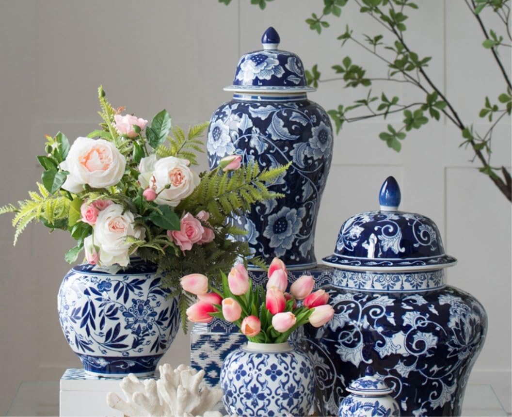 中国風陶器花瓶 装飾ジンジャージャー花瓶 陶器瓶 古代花柄ジンジャー 