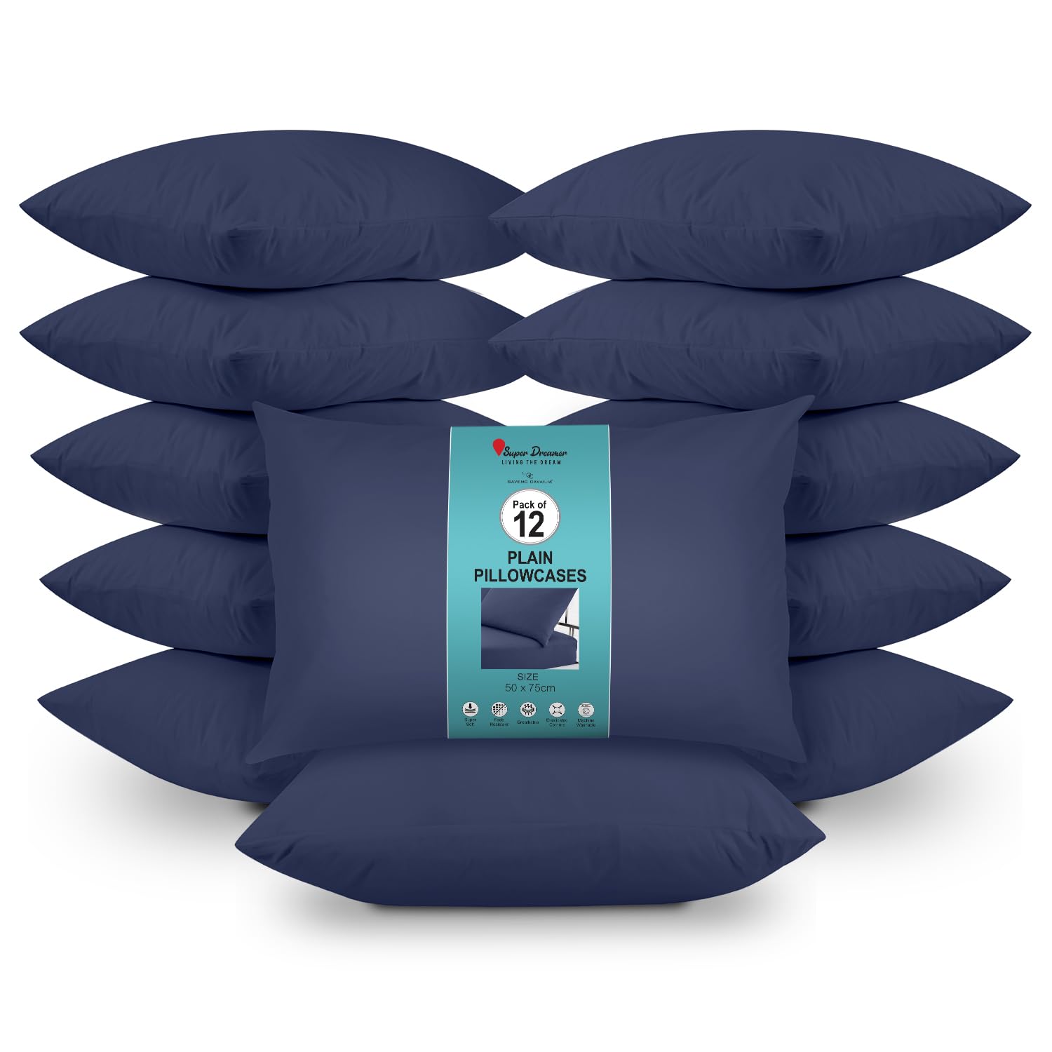 GC GAVENO CAVAILIA 12 Pairs Microfiber Pillowcases - Plain Dyed Housewife Style - Soft, Breathable & Durable - Fade, Wrinkle & Shrink Resistant - Machine Washable - Standard Size (75x50 cm) Duck Navy — image 1