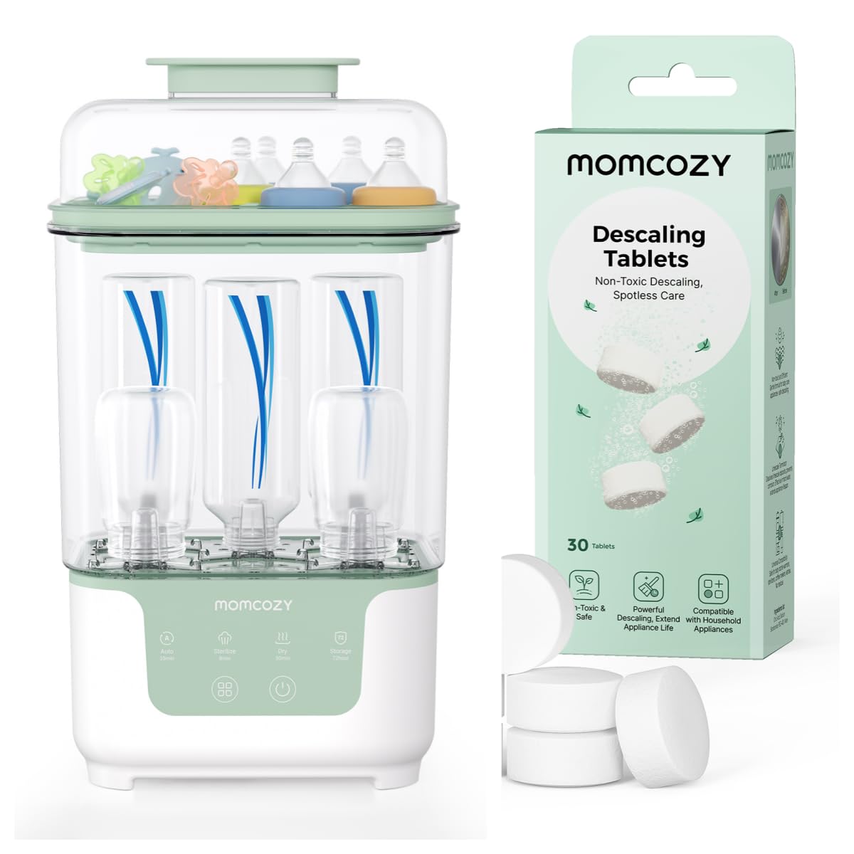 Momcozy Elektrischer Dampfsterilisator & Trockner für Babyflaschen – Platzsparend, 6 Flaschen Kapazität & Entkalkungstab für Babyproduct wie Milchpumpem, Flaschenwärmer, Bottle washer, Sterilisator fü