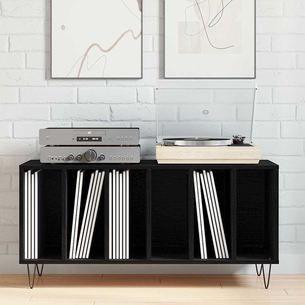 Armadietto per vinili, effetto rovere nero, 100 x 38 x 48 cm, con 6 ripiani e gambe in acciaio, moderna credenza da soggiorno per vinile, CD, DVD, home theater e console di gioco