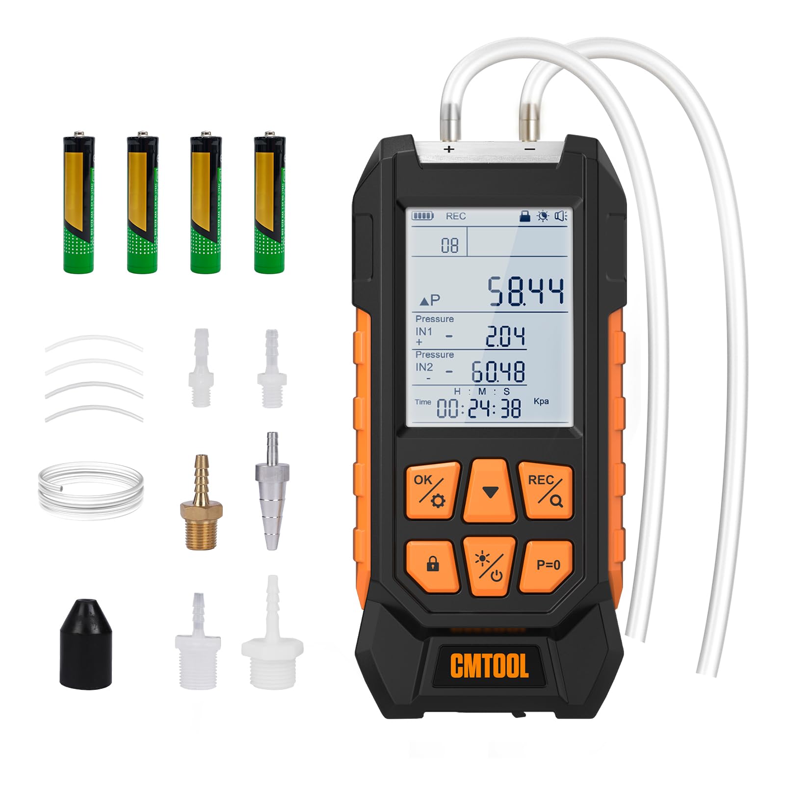 CMTOOL Manómetro de presión de gas, manómetro digital de -100-200 Kpa con imán fuerte, 10 unidades seleccionables, kit de probador de presión de aire de doble puerto con más accesorios