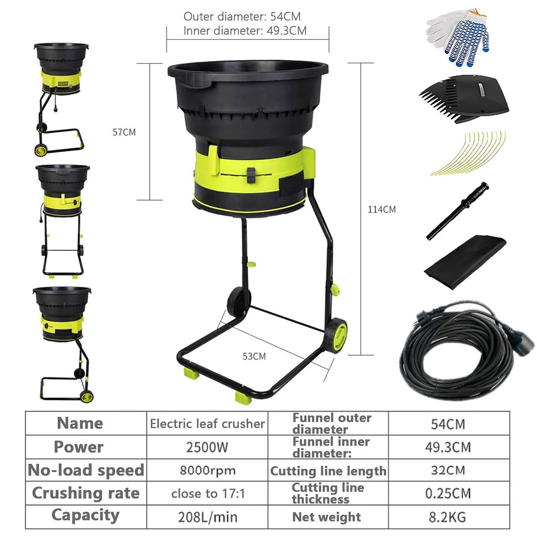 biotrituratore elettrico Tritafoglie da Giardino Elettrico,Diametro Tramoggia 54cm,Rapporto di Triturazione 17:1,Potenza 2500w,Velocità a Vuoto 8000giri/Min,Trituratore con Ruote Powercord×30m