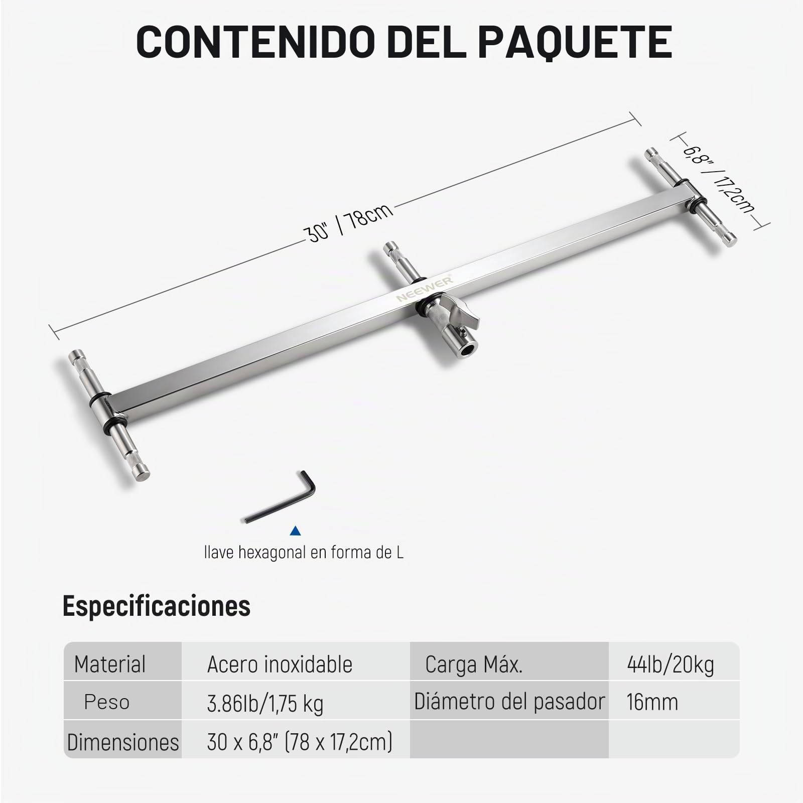 NEEWER Brazo de Pluma de Cabezal Triple con Cinco Pines de Bebé de 5/8" para Luz LED/Flash, un Pin de 1-1/8" para Soporte C/Soporte con Perno de 16mm o Receptor Júnior de 28mm,Acero Inoxidable,UA005