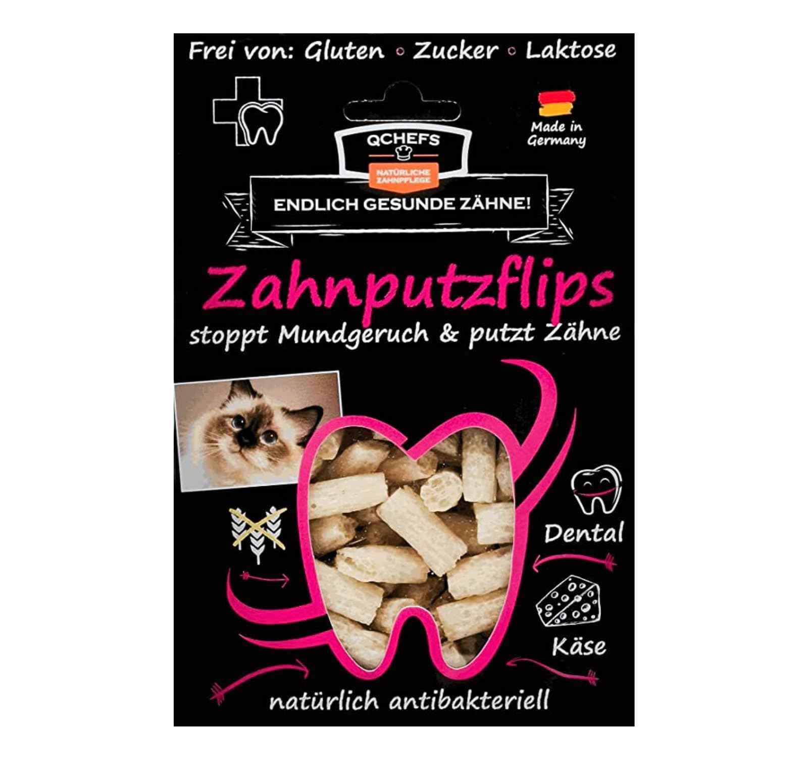 QCHEFS ZAHNPUTZFLIPS Katzen Leckerlies mit dem Futter als Zahnpflege und Mundgeruch. Geschmacksneutral mit der Schleckpaste oder Nassfutter von der Leckmatte (1er Pack)