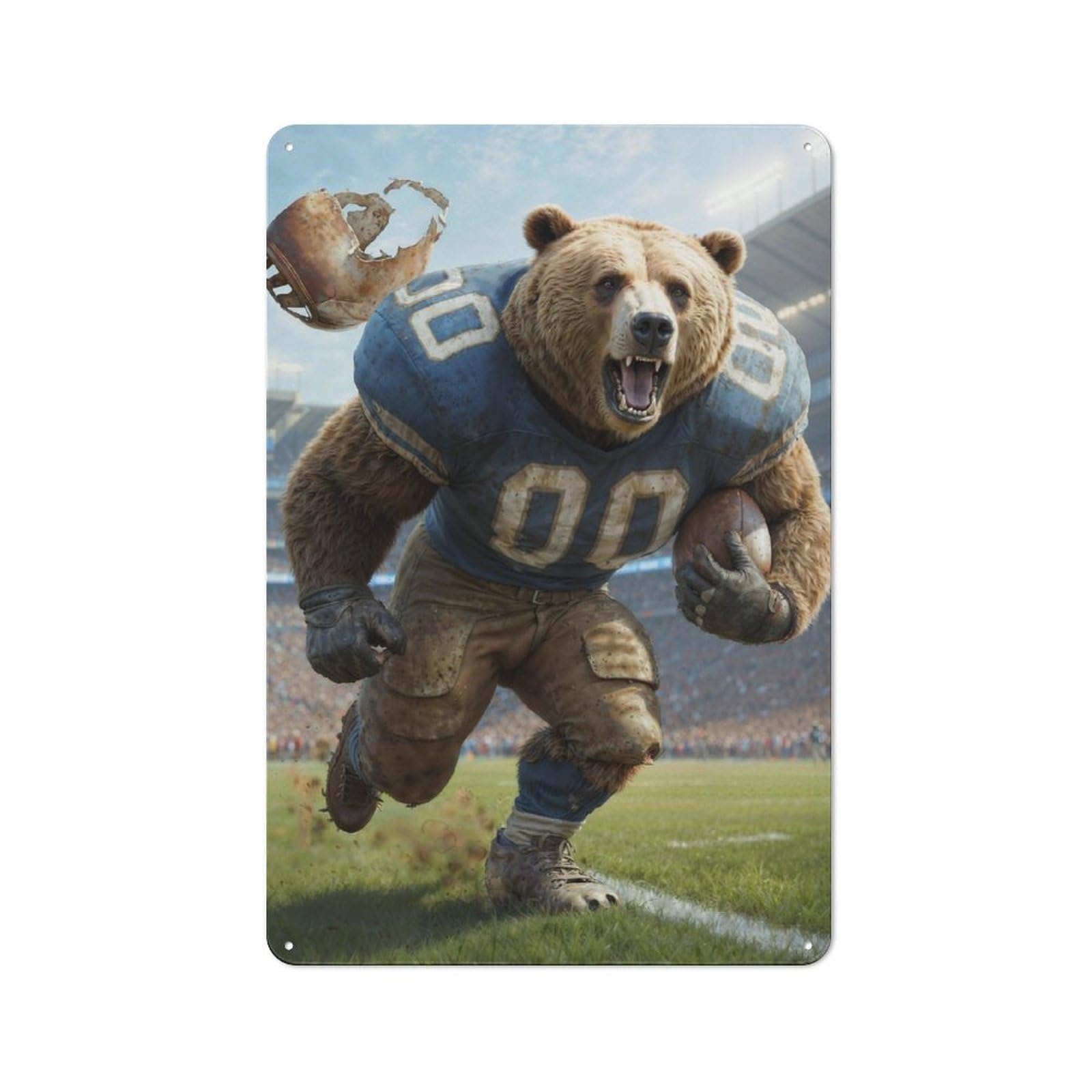 Gridiron Bear Ball Decorative Metal Plaque, Bright Printed Design, for Washroom, Small Wall Space Or Hallway, 30x20cm