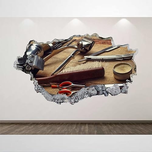 Adhesivo de pared para barbería, diseño vintage de afeitado 3D, decoración de la habitación de los niños, arte de pared destrozado, póster
