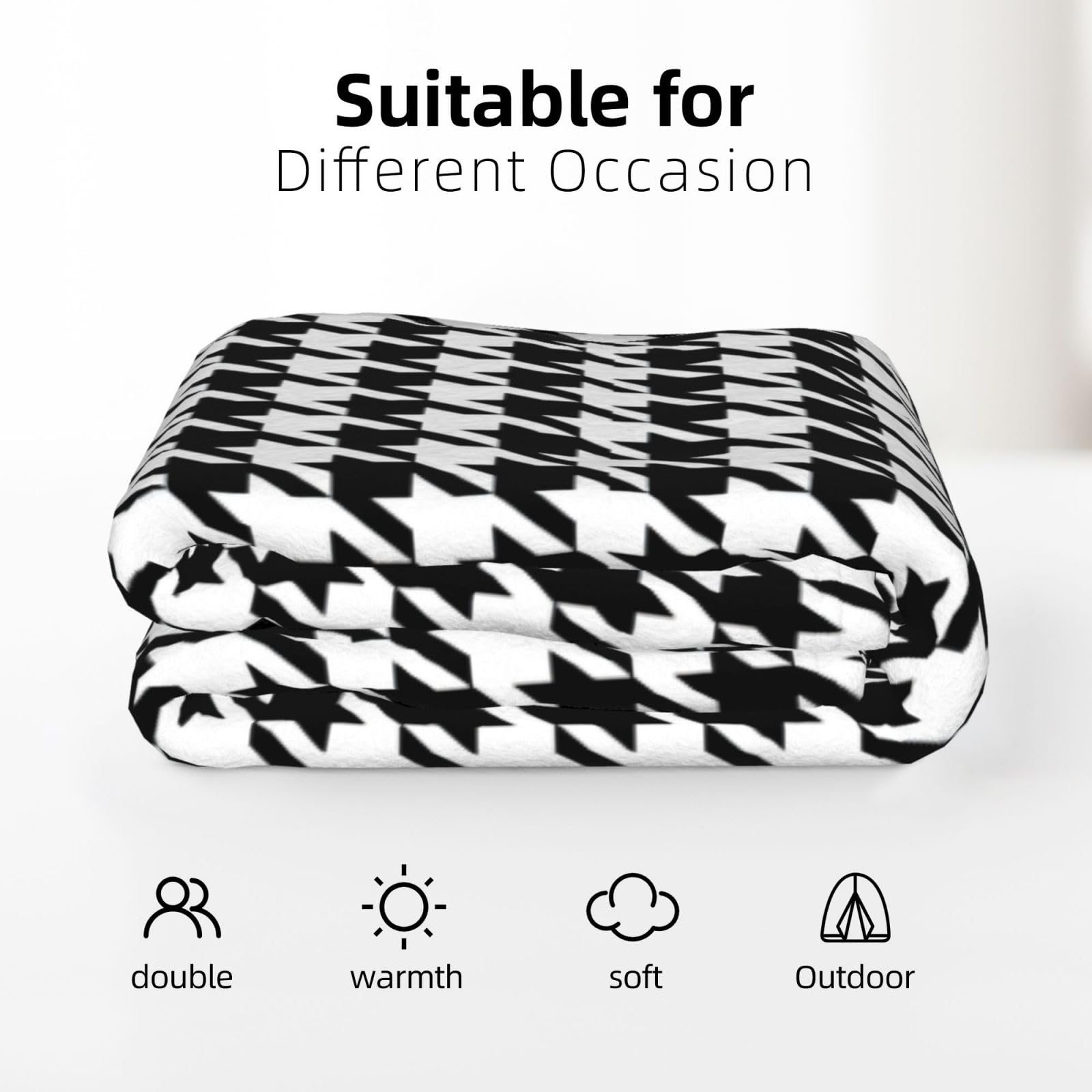 Couverture en flanelle avec imprimé pied-de-poule noir, 178 x 203 cm, confortable, chaude, pour l'hiver, le camping ou les voyages