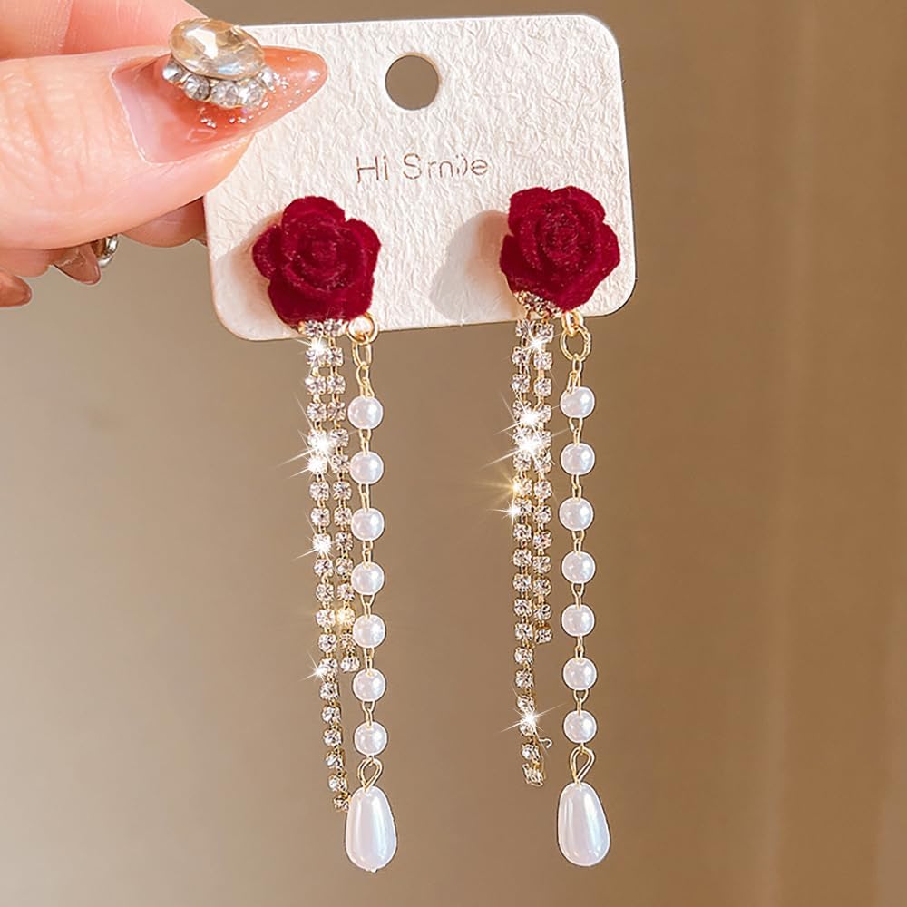 Long Chain Flower Drop Dangle Earrings for Women Sparkly Crystal Red Rose Chain Earring Elegant Pearl Floral Tassel Charms Earring Jewelry Gifts - Image 3