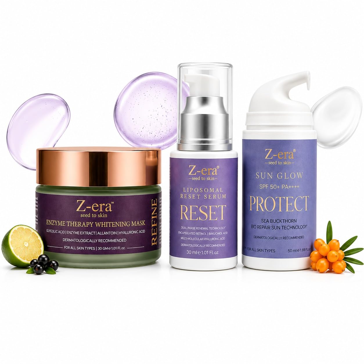 Z-era Skin Care Combo | Enzyme Therapy Whitening Mask 30g + Liposomal Reset Serum 30ml + Sun Glow SPF 50+ PA++++ Sunscreen 50ml | Brightening, Hydrating & Daily UV Protection | For All Skin Types(pack of 3)-image-2