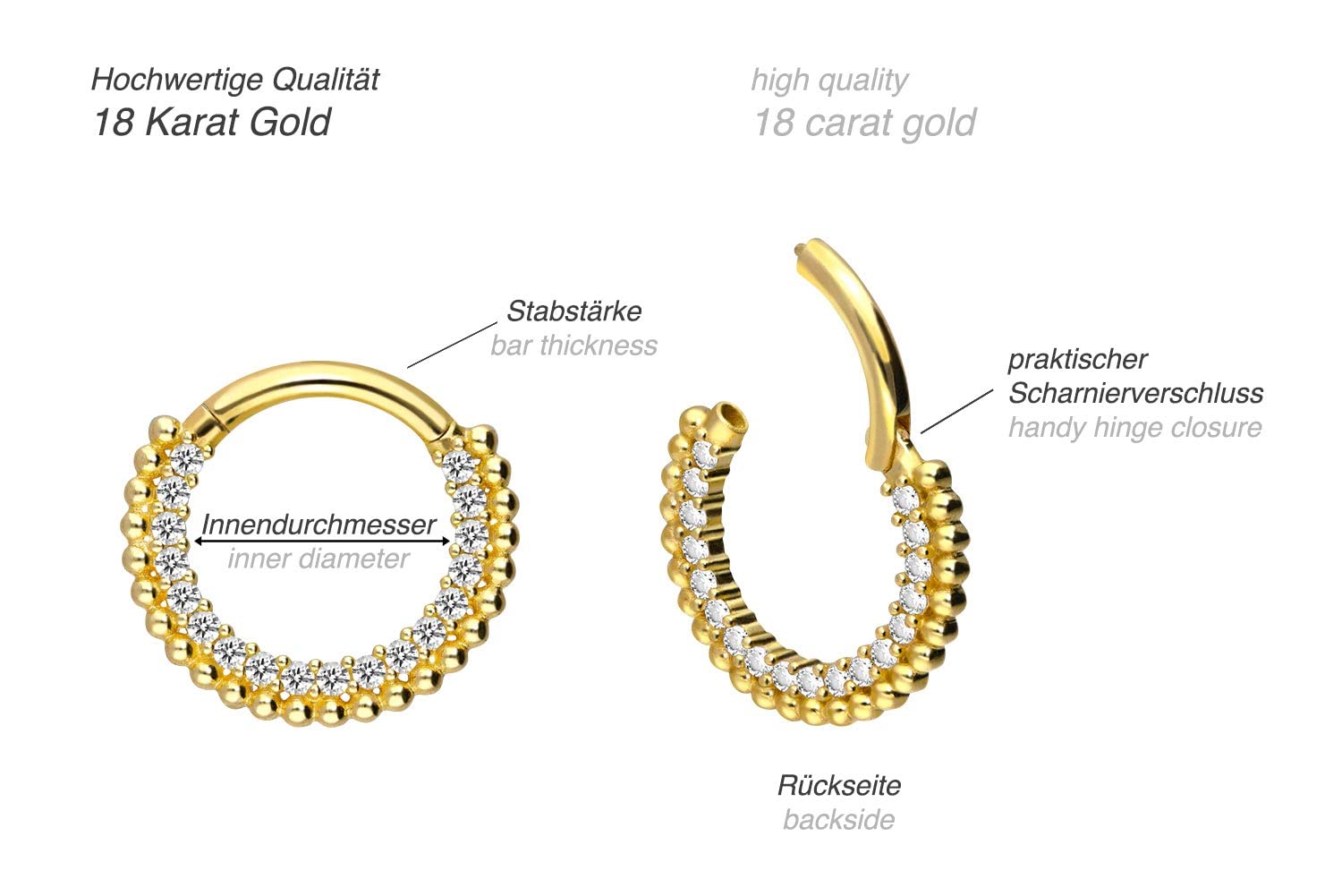 PIERCINGLINE 750er Gold Segmentring Clicker | 18 KARAT | EINGEFASSTE KRISTALLE mit KUGELRAND | Piercing Ring Nase Septum Ohr Helix | Farb & Größenauswahl