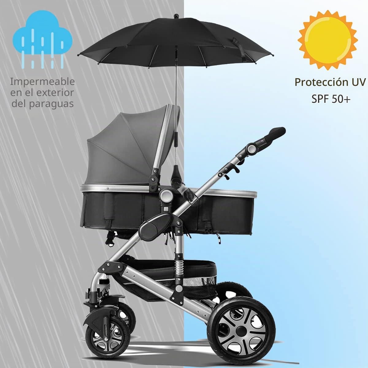Parasol universal UV 50+ con pinza ajustable y brazo flexible para cochecito, bicicleta, silla de ruedas, silla de playa, Negro , 85CM(B)