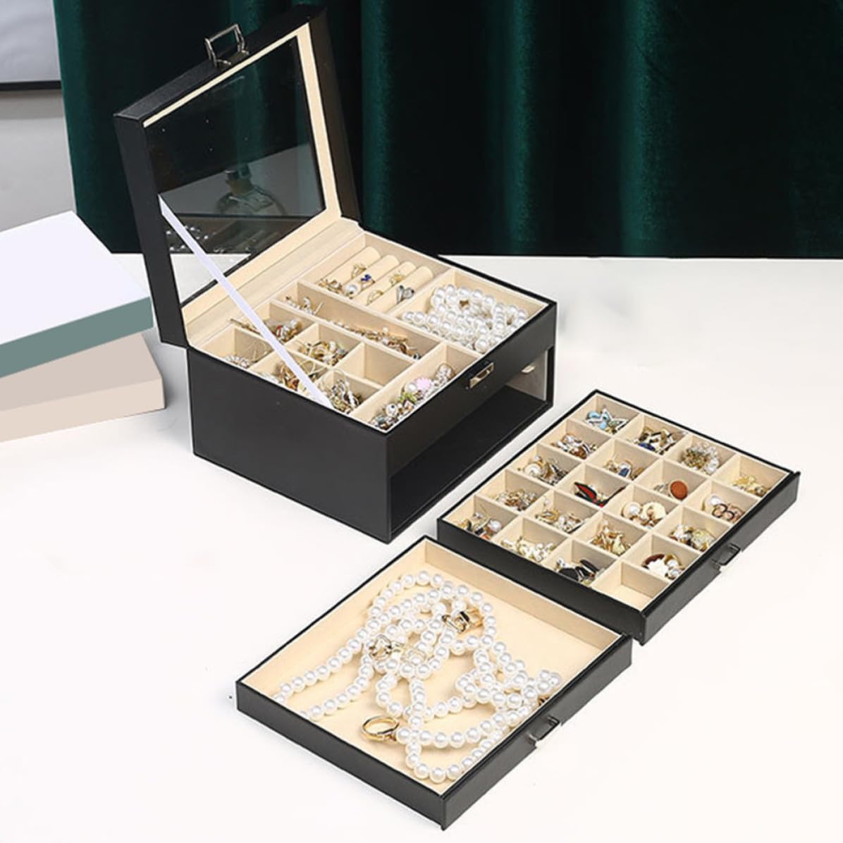 Caja de Joyas de 3 Capas, Organizador de Mesa Negro para Anillos