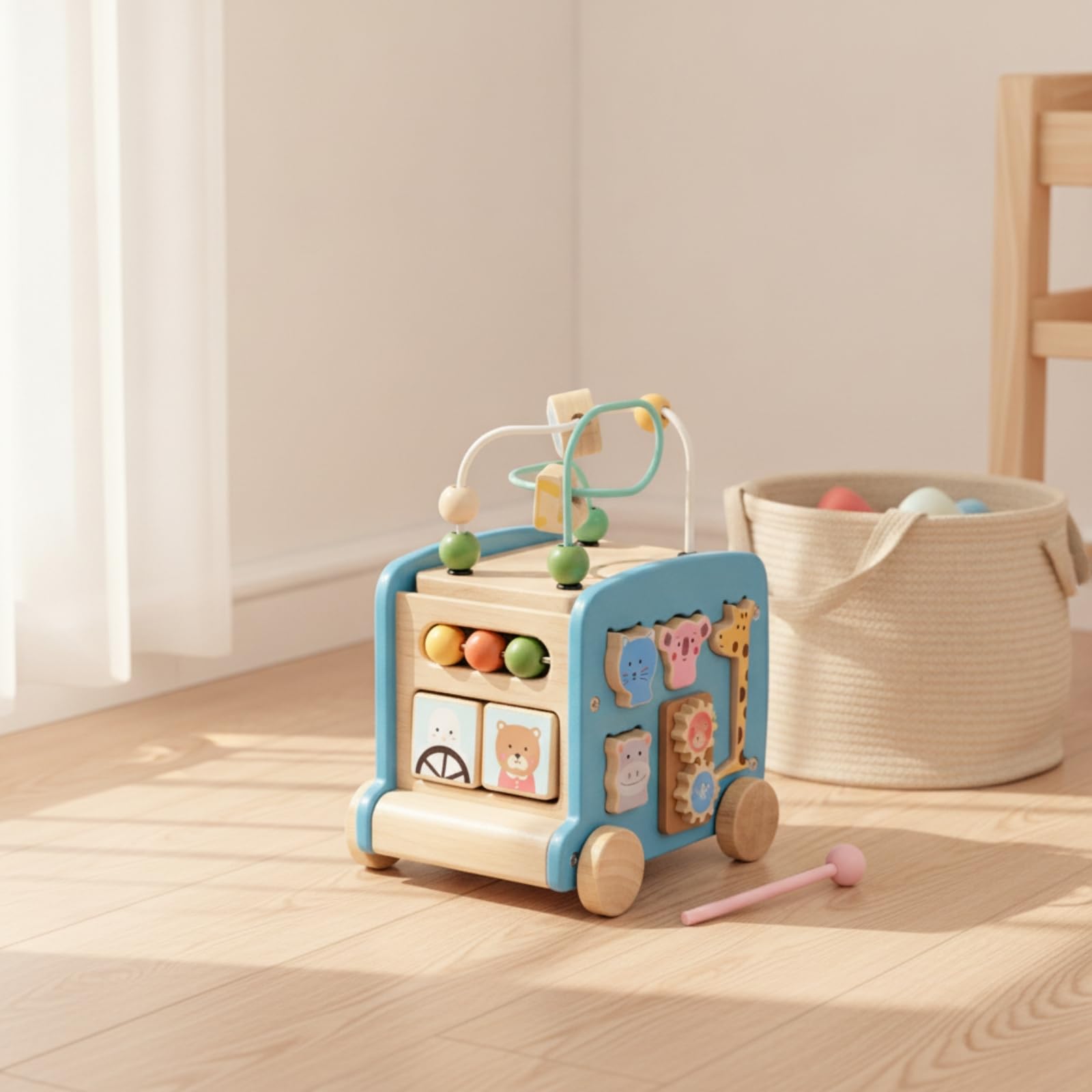 Bus Iniziare a Camminare con Percorso a Ostacoli Multifunzione Gioco Iniziare a Camminare in Legno Didattico Giocattolo, Verde, Multifunzionale Autobus Giocattolo