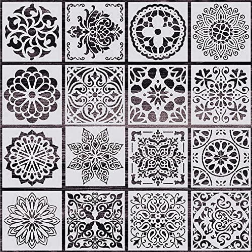 QRTGNA Juego de Mandala Plantillas, 16 Piezas Plantillas Reutilizables para Niños, Página para Colorear Láser Cortada,Pintura Plantilla para Piedra, Muebles de Madera, Álbum Recortes de Arte (15x15cm) Cover