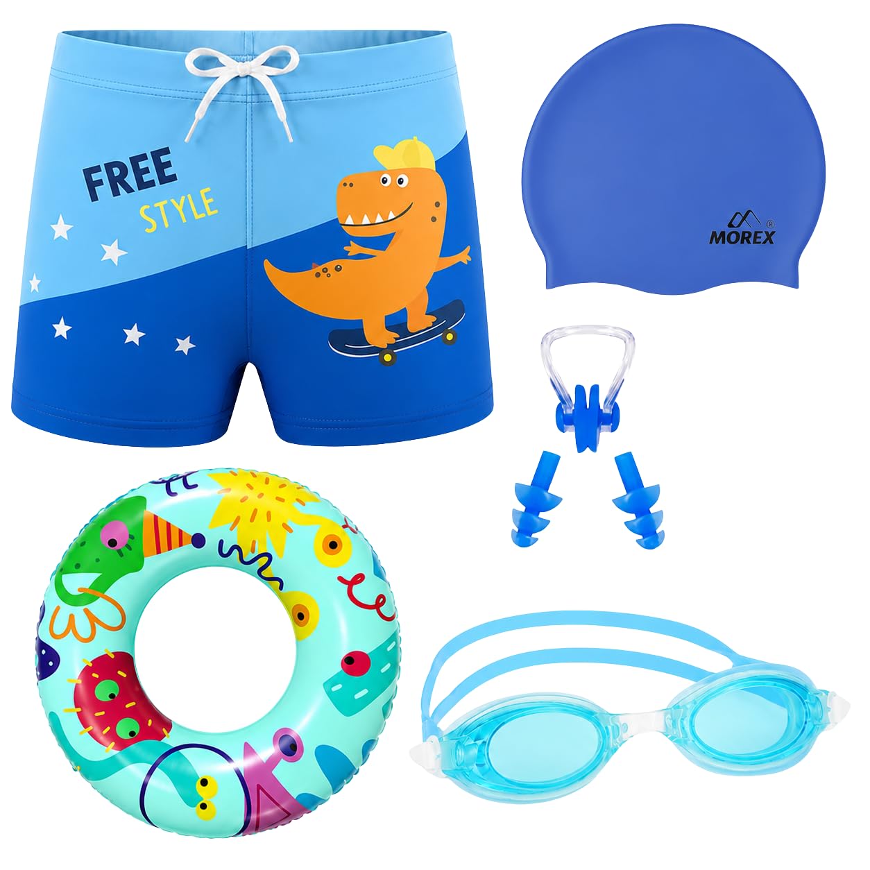 Morex Kids 6-in-1 Swimming Kit for Boys | Swim Trunks, Silicone Cap, Anti-Fog Goggles, Swim Tube, Nose Clip & Earplugs | Perfect Swim Kit for Pool, Beach, & Water Fun_Multicolor-2_6-8Yrs-image-44